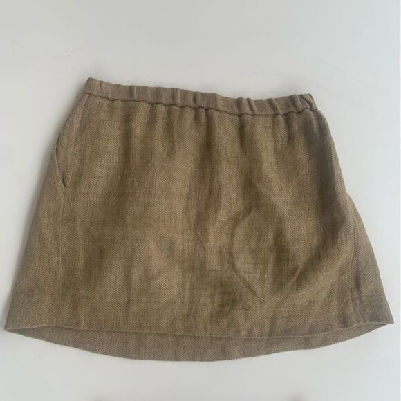 Maje Jet lag Linen Skirt 1 knit Pleated Khaki Flare Mini Elastic Waist Pockets - Picture 2 of 10